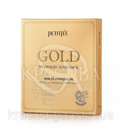 Гідрогелева маска для обличчя з золотомым комплексом +5 PETITFEE Gold Hydrogel Mask Pack +5 golden, 32г х 5 шт - 1